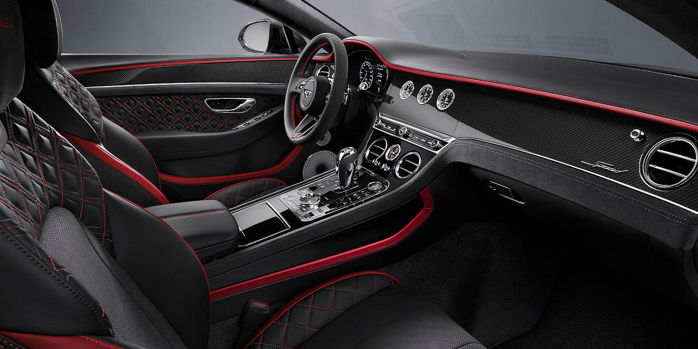 Bentley Kuwait Bentley Continental GT Speed coupe front interior in Beluga black and Hotspur red hide