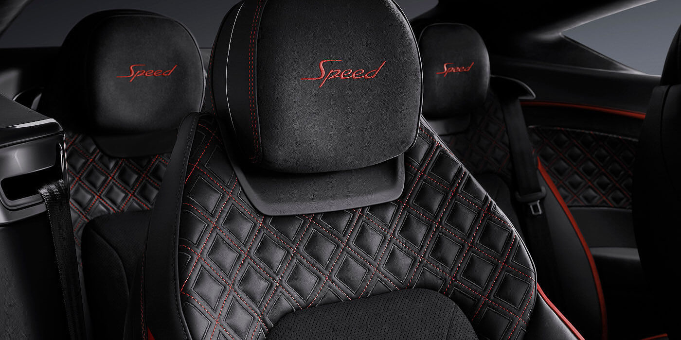 Bentley Kuwait Bentley Continental GT Speed coupe seat close up in Beluga black and Hotspur red hide