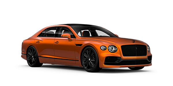 Bentley Kuwait Bentley Flying Spur Speed front side angled view in Orange Flame coloured exterior. 