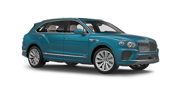 Bentley Kuwait Bentayga Extended Wheelbase Azure luxury SUV front three quarter in Topaz Blue by Mulliner paint