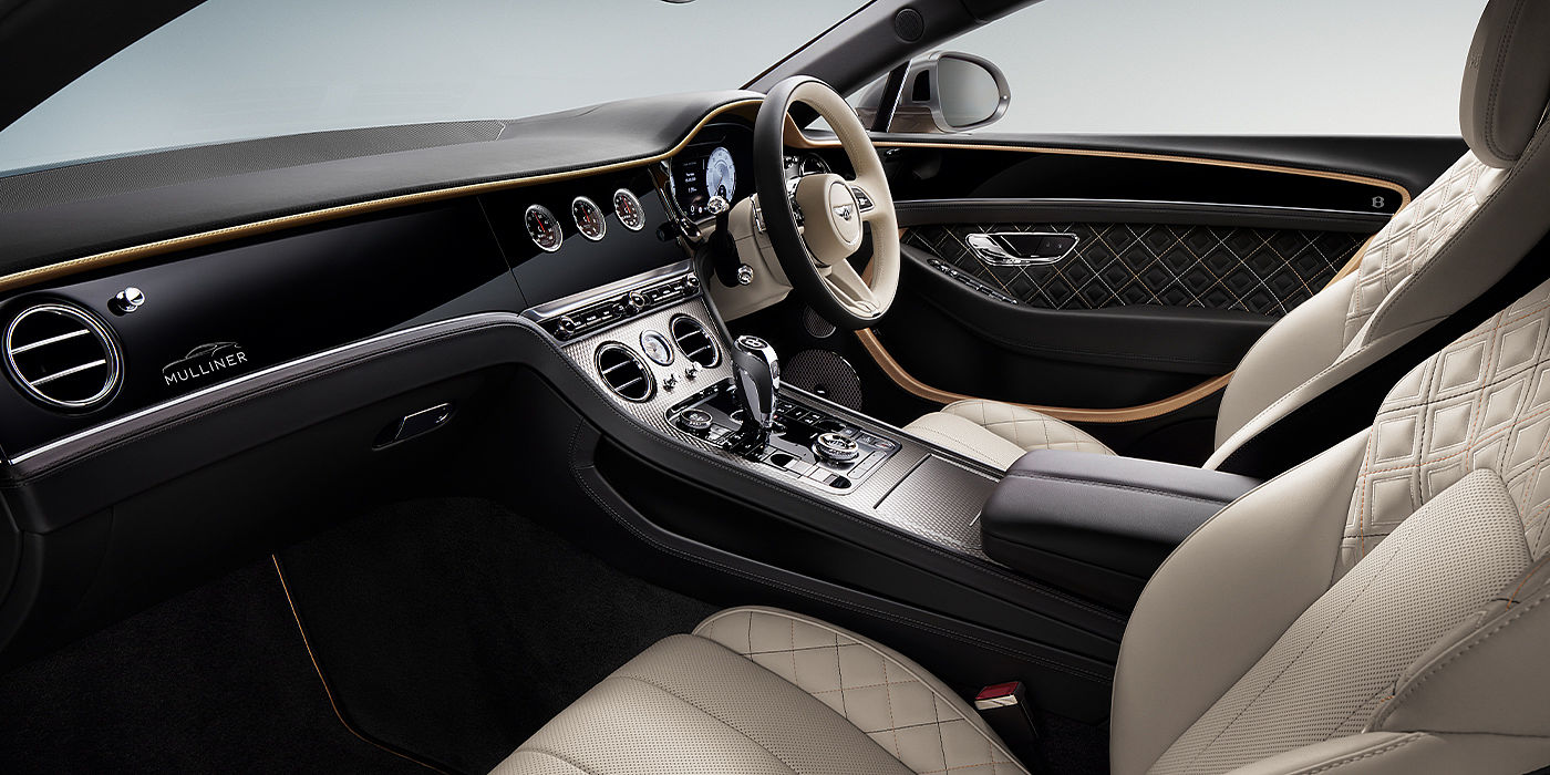 Bentley Kuwait Bentley Continental GT Mulliner coupe front interior in Beluga black and Linen hide