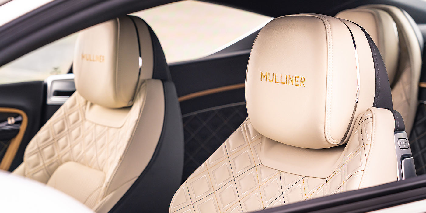 Bentley Kuwait Bentley Continental GT Mulliner coupe seat detail in Beluga black and Linen hide