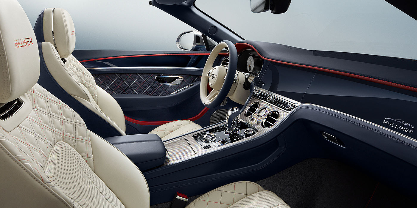 Bentley Kuwait Bentley Continental GTC Mulliner convertible front interior in Imperial Blue and Linen hide