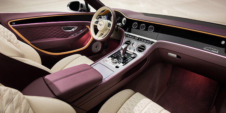 Bentley Kuwait Bentley Continental GTC Mulliner convertible front interior including Linen and Damson purple hides and Grand Black veneer