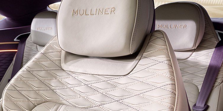 Bentley Kuwait Bentley Continental GT Mulliner coupe seat detail in Linen leather with Mulliner Diamond in Diamond quilting and Mulliner embroidered seat emblem